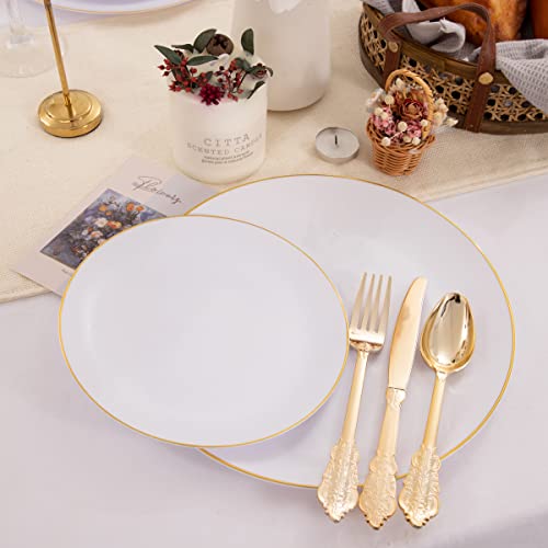 Kire 100Pcs Gold Plastic Plates - White Disposable Plates With Gold Rim For Party/Wedding - Include 50Pieces 10.25Inch Gold Dinner Plates And 50Pieces 7.5Inch Gold Dessert/Salad Plates #TOP4