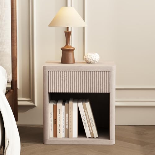 Image of OLIXIS Set of 2 Modern Nightstand, 22.7 inch Fluted Drawer Wood Bedside Table | Compact white oak nightstand with drawer & open shelf, sturdy multi-use end table for bedroom, sofa side table, entryway