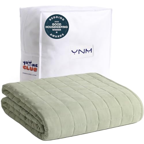 Image of YnM Exclusive Weighted Blanket, Soothing Cotton /Polyester, Smallest Compartments, Bed Blanket for One Person of 190lbs, Ideal for Queen /King Bed (60x80 Inches, 20 Pounds, Avocado /White Reversible)