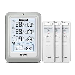 Termómetro inalámbrico para interiores y exteriore...: [MEDIDOR DE TEMPERATURA Y HUMEDAD DE ALTA PRECISIÓN] Precalibramos el sensor para que sea extremadamente preciso. El rango de temperatura interior es de 9.9 ºC ~ 50 ºC (14.2 ºF ~ 122 ºF), el rango de temperatura exterior es de -40 ºC ~ 70 ºC (-40 ºF ...