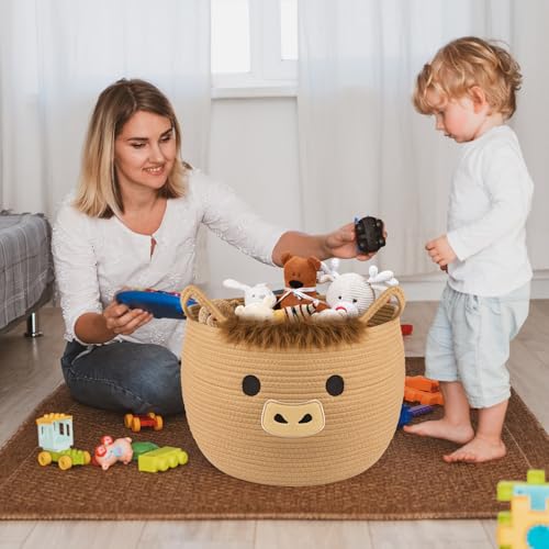 Image of Highland Cute Cow Basket for Nursery, Large Blanket Gift Basket | Woven Rop Cotton Storage, Baby Laundry 0rganizer with Ears Handles, Towels Toy Clothes Gifts Storage Cat Dog Bin,13 inchDx11.5 inchH