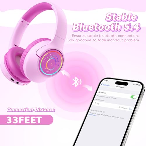Image of Kids Bluetooth Headphones, 85H Playtime Wireless Headphones for Kids, Colorful LED Lights, 85 /94dB Safe Volume Limit, Bluetooth 5.4 Built-in Mic Toddler Headset for Tablet /Airplane (Fuscia Pink)