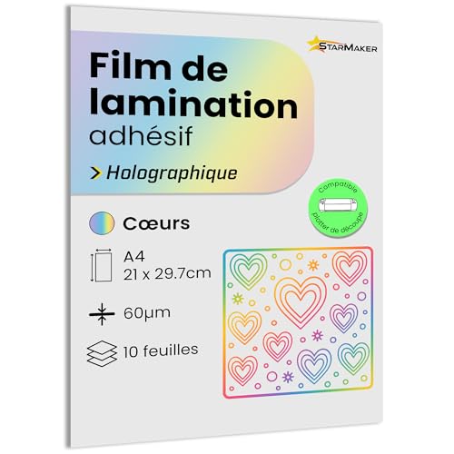 10 hojas A4 película de laminación en frío holográfica – láminas laminadas autoadhesivas para fotos y pegatinas – Compatible con plotter de corte (corazones)