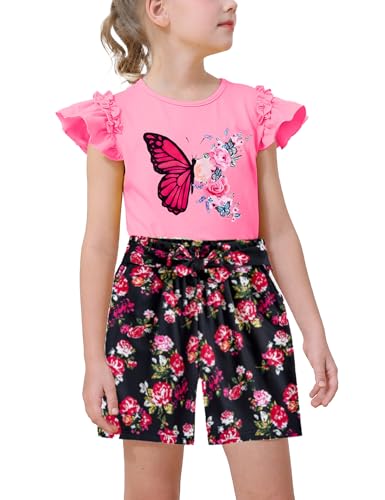 Image of mksodop Girls outfits 2-Piece ruffled short sleeve butterfly floral print high waist floral shorts girls summer clothes