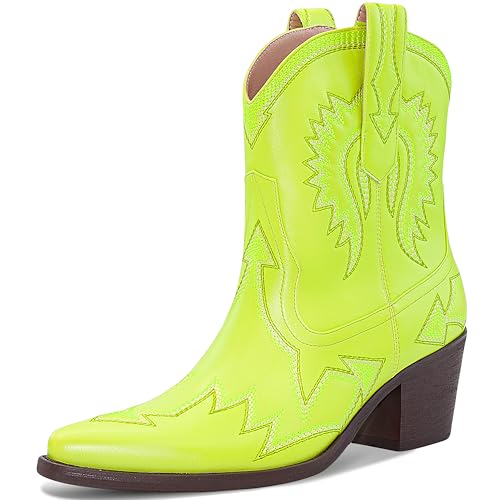 Image of HOCHFART Western Boots for Women Metallic Embroidered Pointed Toe Cowgirl Boots Chunky Heel Pull-On Short Cowboy Boots Wide Calf Country Ankle Boots