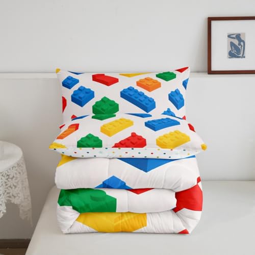 Image of Feelyou Building Blocks Gaming Toy Comforter Set Twin Size Kids Boys Girls | Teens Brick Colorful Duvet Set Room Decor 2Pcs Warm Cozy Breathable Lightweight All Season