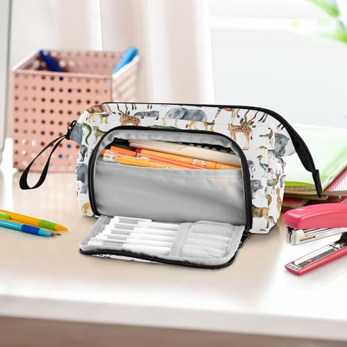 Image of Fisyme Zoo Animals Giraffe Elephant Pencil Case Large Capacity Pen Bags Box Big Makeup Pouch Organizer