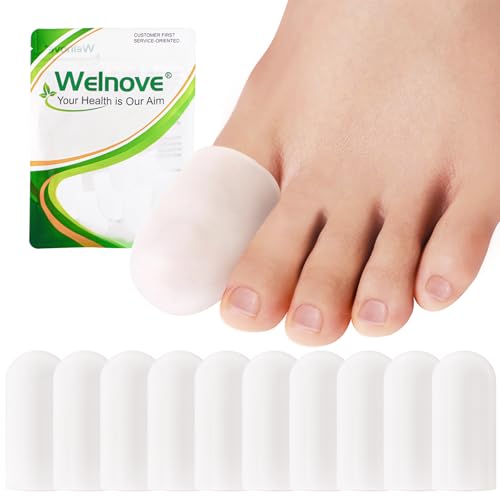 Welnove Toe Caps and Toe Protectors - 10 Pack Silicone Toe Sleeves Toe Protectors - Toe Cushions for Pain Relief, Toe Protection for Corns, Calluses (Large, Clear)