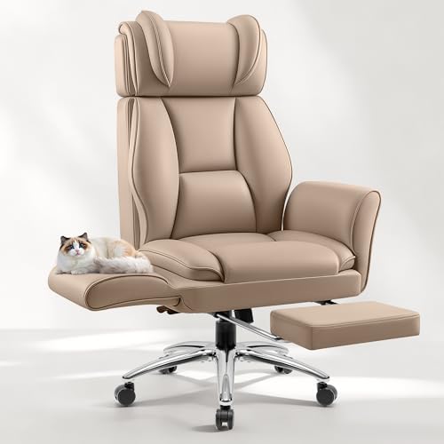 Image of Big and Tall Office Chair, Flip Armrests for Pets & Cross Legged Sitting, Ergonomic Leather Executive Desk Chair with Foot Rest, High-Back Reclining Computer Chairs for Home Office Gaming, Khaki