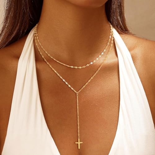 Image of CHESKY Long Necklaces for Women, 14k Gold Plated /Streling Silver Lariat Necklace Dainty Statement Prom Necklace Rosary Cross Sun Drop Pendant Dangle Necklace Gold Prom Jewelry for Women Gifts