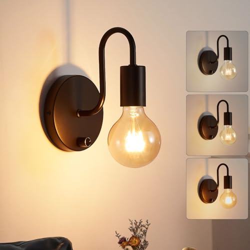 Lightess Vintage Wandlampe mit Schalter Dimmbar Wandleuchte Innen Schwarz, E27 Industrial Retro Wandlampen Metall für Schlafzimmer Wohnzimmer Flur, Ohne Glühbirne