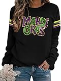 DUTUT Mardi Gras Shirts for Women Carnival Sweatshirt Mardi Gras Sequin Sparkly Crewneck Long Sleeve New Orleans Party Tops Black