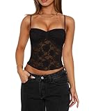 Acrawnni Women's Y2K Lace Cami Tops Sleeveless Spaghetti Strap Sexy Mesh See Through Crop Camisole Backless Bustier Going Out Tops (A-Black, S)