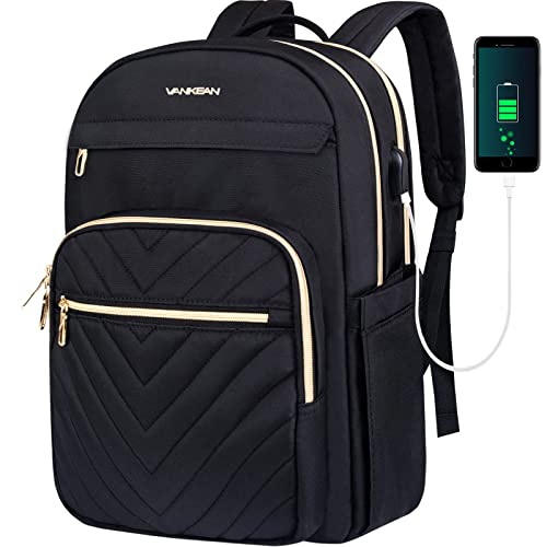 VANKEAN-156-Inch-Laptop-Backpack-for-Women-Men-Work-Laptop-Bag-Fashion-with-USB-Port-Waterproof-Backpacks-Teacher-Nurse-Stylish-Travel-Bags-Casual-Daypacks-for-School-College-Business-Black
