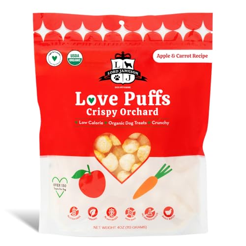 Lord Jameson Crispy Orchard Light & Crunchy Love Puffs - Apple & Carrot Dog Treats Low-Calorie Low-Sugar Gluten & Preservative-Free USDA Certified Organic - Made In USA 4 oz
