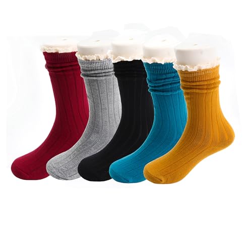 5 Pack Girls Sweet Socks Lace Trim Cotton Knit Footed Leg Boot Stocking (US, Age, 3 Years, 5 Years, A01)