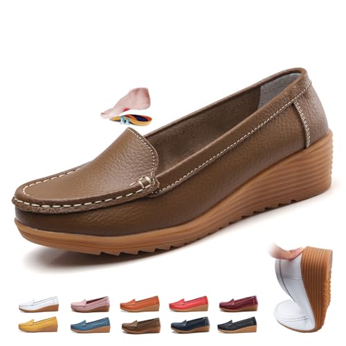 Mocassini da donna in pelle, ortopedici con zeppa, mocassini classici