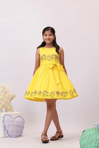 Image of Kids Girls Printed Embroidered Fusion Dress | Handmade Crafted Designer Ethnic Wear | 100% Cotton