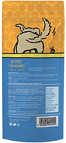 Honey I'm Home, Bully Sticks Buffalo Dog Chews, 6 Inches, 5 Pieces - All Natural, Free Range, Healthy, Grain Free, Honey Coated & Crispy #TOP1