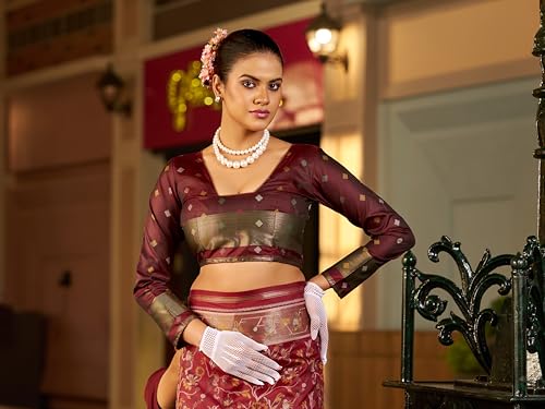 Image of SWORNOF Women's kanjivaram banarasi silk saree Zari Woven for festival Wedding silk with rich pallu Design sarees for women with Unstitched blouse piece