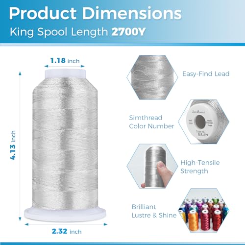 Image of Simthread 2700 Yards Metallic Embroidery Machine Thread - Gray Silver MS-019, 40wt High-Sheen King Spool, Smooth Running & Break Resistant for Commercial & Home Embroidery Machines