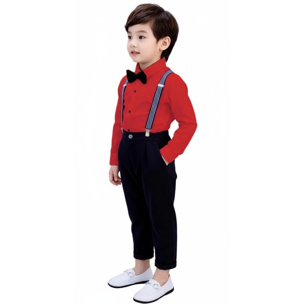 ROYALICA Kinderbekleidung für Kinder, Baumwollmischung, Set aus Hemd und Hose, langärmelig, mit Trägern und Fliege, für Kinder, Rot, 6 Jahre