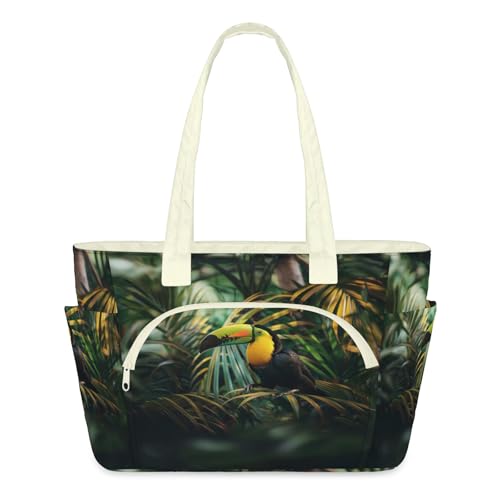 Sac fourre-tout léger matelassé Toucan grand format zippé imprimé feuilles de palmier pour femme
