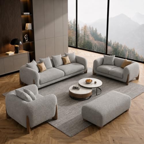 Image of Modern Sofa, Teddy Fabric, Chesterfield Style, Wooden Legs, for Living Room, Bedroom, Hallways (Light Grey 3+2+1+Ottoman)