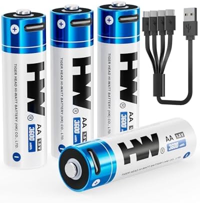 HW Rechargeable Lithium Batteries AA 4 Pack,1.5V 3600mWh Double A Battery with USB-C Cable,1000+ Cycles 2A Batteria for Flashlight/Doorbell/Range Finder/Remote Controls/Game Controllers,etc.