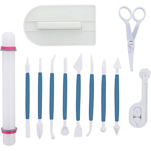 ScivoKaval Marshmallow Fondant Cake Decorating Hand Tool 12 Pcs 5 Sets Sugarcraft Gumpaste Icing Smoother Rolling Pin Trimmer Cutter Embosser Flower Scissor Modelling Accessories Supplies Kit Blue
