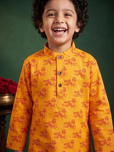 Image of AJ DEZINES Boys Cotton Full Sleeve Letter Printed Kurta Pajama Set for Kids - Ethnic wear | Special Occasion & Traditional Outfit |Boys Kurta Set - Regular Fit
