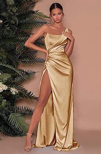 Women's Mermaid One Shoulder Prom Dresses Long Pleated Satin Formal Evening Gown with Slit3