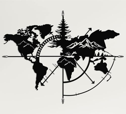 Image of World Map Wall Art World Map Mountains 3D for Home Decor | Wall Sculpture Home Decoration | Metal Art | Metal Wall Art | Home Wall Hangings Metal Decor (Black (58 x 50 cm)