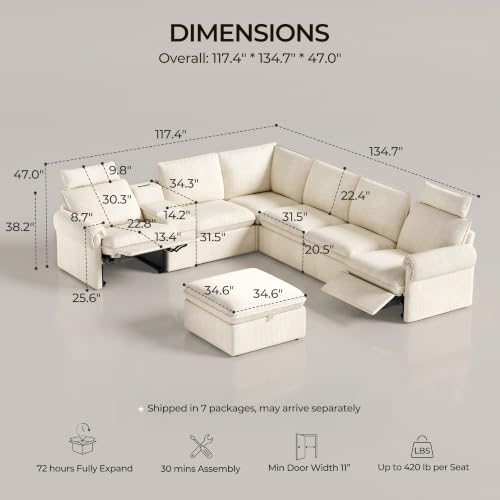 Image of CHIC HOUSE 117 inch 6-Seat Modular Power Reclining Sectional Couch, Beige