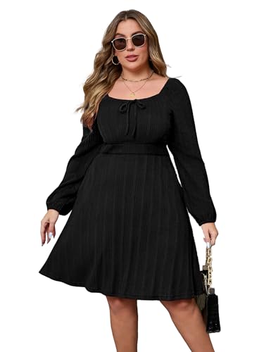 Image of KOJOOIN Womens Plus Size Sweater Knit Dress Square Neck Long Sleeves Tie Front Casual Midi Pullover Fall Dress with Pockets