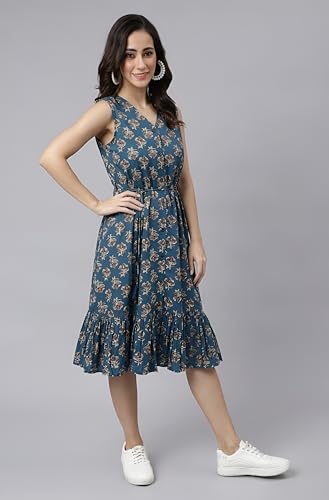 Image of Janasya Women's Cotton Ethnic Motifs Flared Western Dress