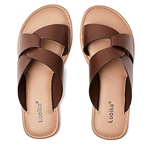 Image of Luoika Women's Wide Width Flat Slides Sandals, Strapy Slide Sandal Slip on Dressy Summer Shoes for Women.