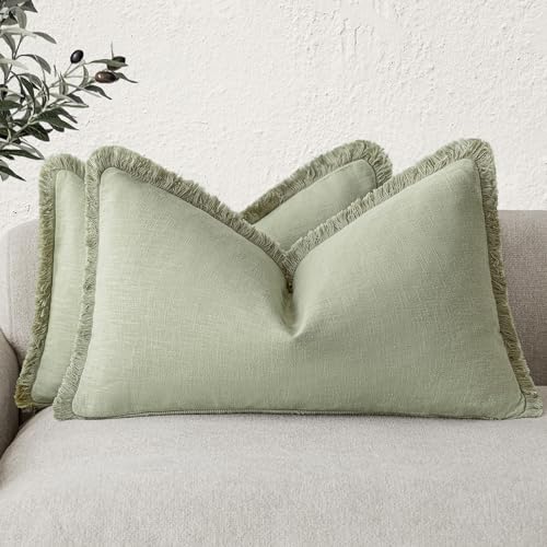 Image of Foindtower Set of 2 Decorative Linen Fringe Lumbar Throw Pillow Covers Farmhouse Cushion Cover with Tassels Soft Accent Pillowcase for Couch Sofa Bed Living Room Home Decor,12x20 Inch,Light Sage Green