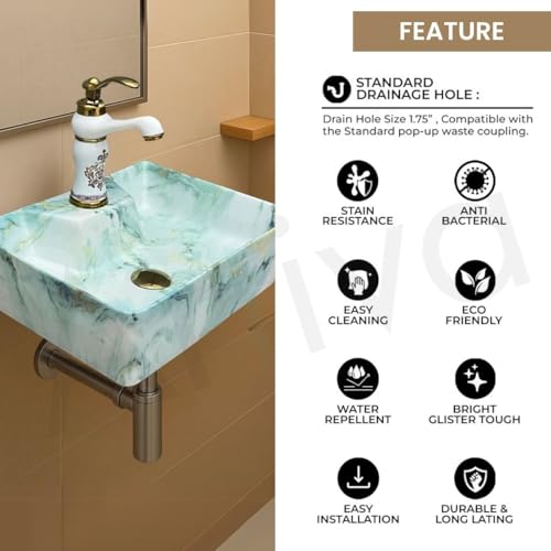Image of Artiva Designer Ceramic Table Top Wash Basin For Bathroom /Green Wall Mounted Bathroom Sink /Wall Hung Washbasin /Wash Basin For Cabinet, Countertop, Vanity (Osian Green 16 x 12 x 5 Inch)