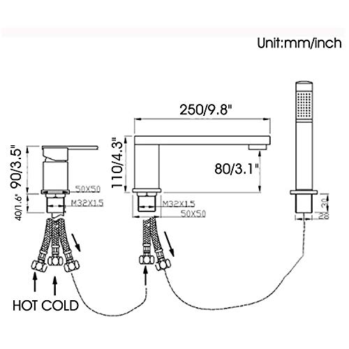 Contemporary 3-Hole Bathroom Bathtub Faucet Deck Mount Roman Tub Filler With Handheld Shower Rotatable Spout Tub,Black #TOP4