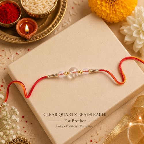 Image of Shubhanjali Crystal Beads Rakhi for Brother | Handmade Healing Crystal Stone Designer Rakhi for Bhaiya | Raksha Bandhan Gift Set with Roli Chawal, Kumkum, Greeting Card & Potli