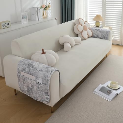 Image of HOKIPO Printed Waterproof + Anti-Slip + Quick Dry Sofa Armrest Cover with Pockets (2Pcs), Abstarct Pale Grey (AR-5237-P7-L*2)