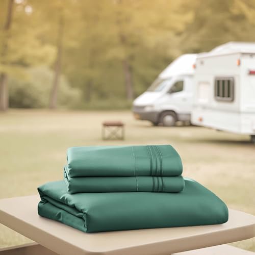 Image of Nestl Forest Green Short Queen Sheets for RV, Hotel Luxury RV Queen Sheets Set, 4 Piece Fitted Bed Sheet Set and Pillowcases, Super Soft, Wrinkle-Free, and Breathable Camper Bedding