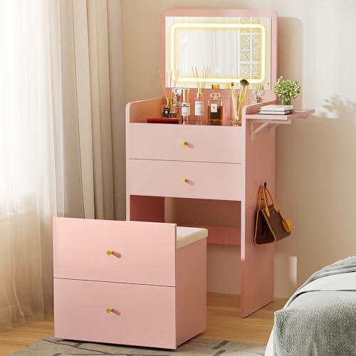 Image of COMHOMA Makeup Vanity Desk with Mirror and Lights, Small 3 in 1 Vanity Table with Visible Glass Top, Flip Top & 3 Drawers, Compact Dressing with Storage Stool for Room or Office