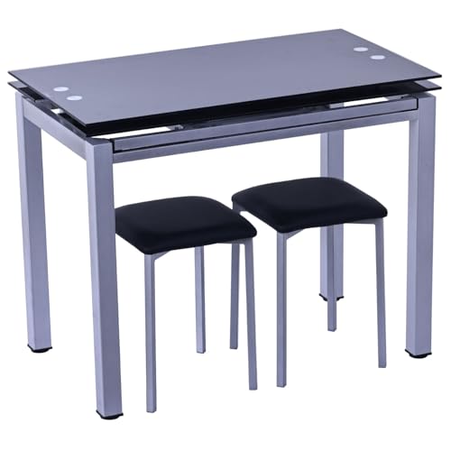 Noorsk Design Mesa Cocina Extensible Negra + 2 Taburetes Bajos - Mesa Cocina Pequeña - Medidas 95x55/95x75 cm