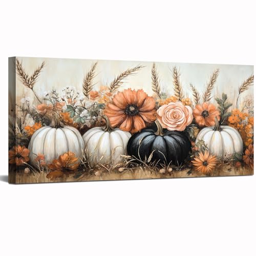 BANHUA1 Fall Pumpkin Canvas Wall Art, Rustic Autumn Themed Pictures