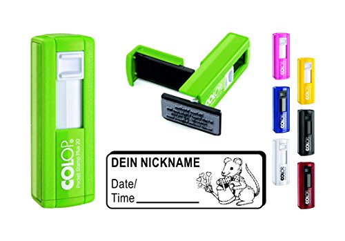 Geocaching-stämplar, mus med vattenkanna – med personligt namn – 37 x 14 mm