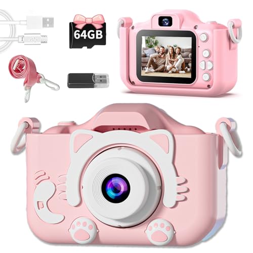 YAIUZGOOキッズカメラ 子供用 デジタルカメラ ビデオ撮影 64GB内蔵 2.0インチIPS液晶 4倍ズーム USB充電式 デュアルレンズ 前・後カメラ 自撮り 保護ケース付 フォトフレーム機能 誕生日プレゼント 子供の日 ギフト 幼児 男の子 女の子 (ピンク猫)【日本語取扱説明書付】
