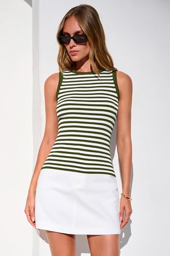Image of PRETTYGARDEN Summer High Neck Striped Tank Tops for Women Casual Sleeveless Sweaters Basic Ribbed Knit Slim Fitted Shirts
