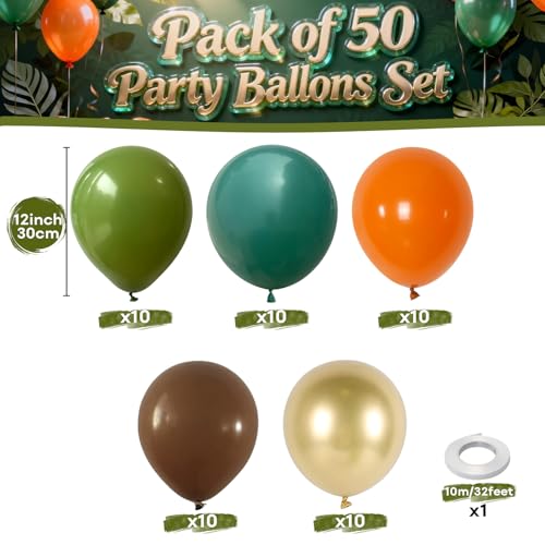 Image of Green Brown Balloons Olive Green Brown Orange Gold Balloons Sage Avocado Khaki Metallic Gold Balloon Set for Kids Boys Dinosaur Dino Jungle Safari Forest Baby Shower Birthday Party Decorations